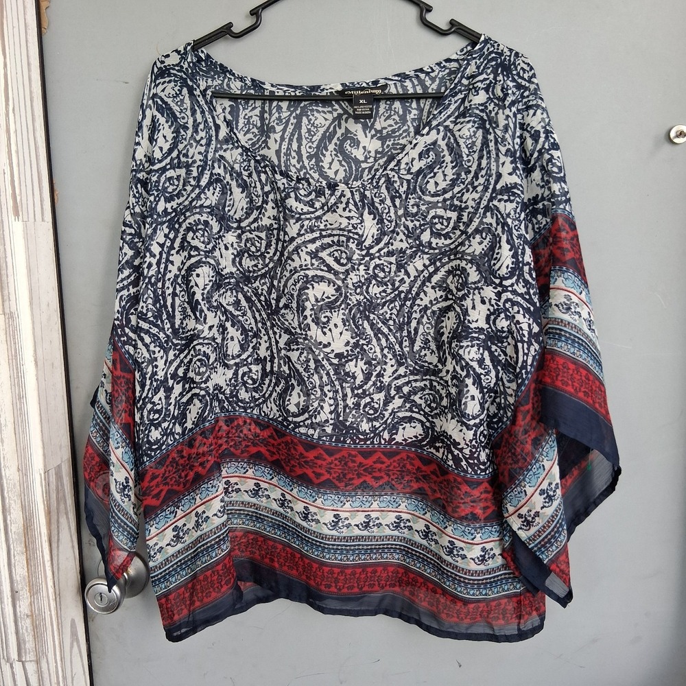 Boho Flowy Paisley Blouse Red Blue XL EUC